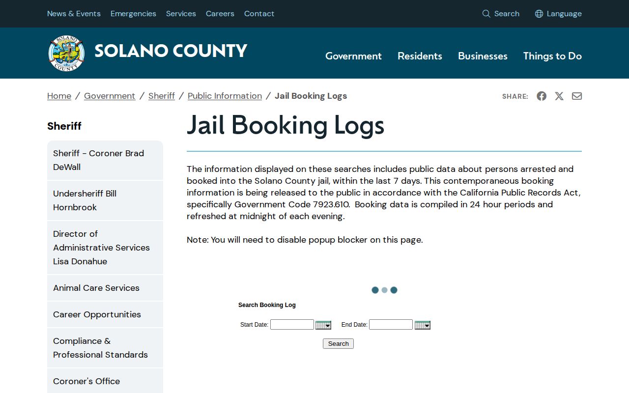 Solano County Jail Booking Logs page