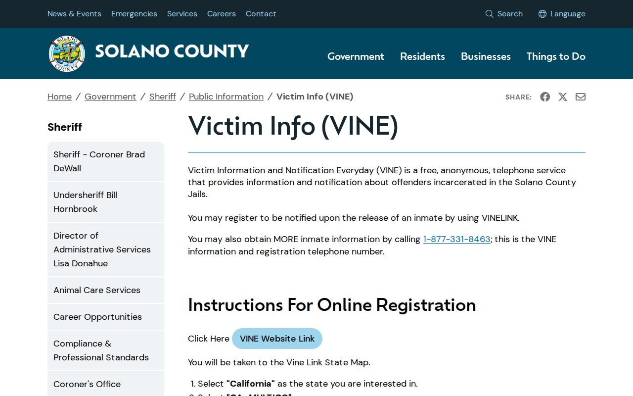 Solano County Victim Information and VINE page