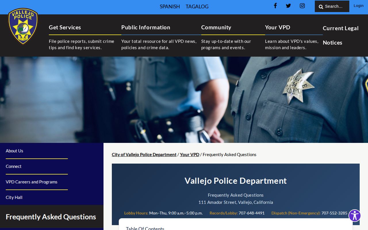 Vallejo Police FAQ explaining local police and county booking information
